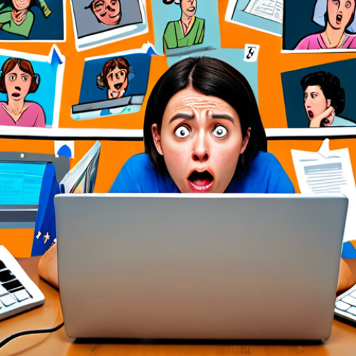 **

Prompt:  A frustrated artist surrounded by open laptops, overwhelmed by online course options.  Exaggerated facial expression of confusion and slight despair.  Keywords: online learning, graphic design, overwhelmed, choices, certification, France.  Style: slightly cartoonish, vibrant colors.

**