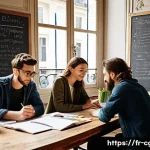 컴퓨터그래픽스운용기능사 스터디 그룹 만드는 방법 - A diverse study group of young French adults collaborating around a large wooden table in a cozy Par...