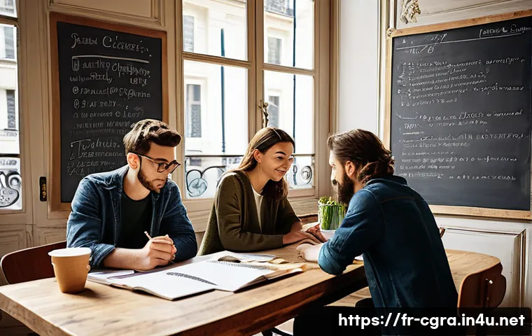 컴퓨터그래픽스운용기능사 스터디 그룹 만드는 방법 - A diverse study group of young French adults collaborating around a large wooden table in a cozy Par...