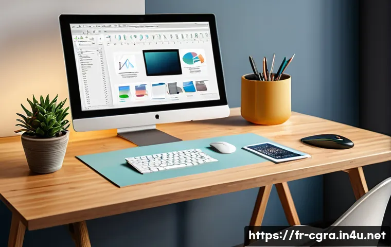 컴퓨터그래픽스운용기능사 실기 시험장에서 주의할 점 - A modern, clean workspace setup for a digital art exam: a neat desk with a high-resolution monitor d...